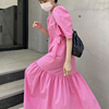 韩国chic夏季气质玫红显白圆领纯色，宽松泡泡袖下摆荷叶边连衣裙女