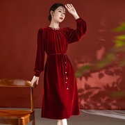 高档真丝绒裙子女高端品牌苏州桑蚕丝连衣裙红色知性优雅气质女装