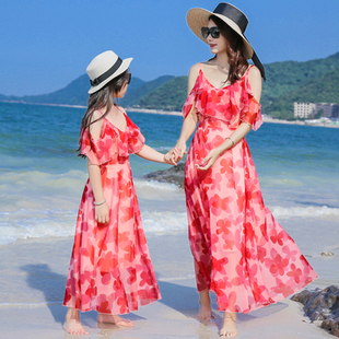 母女装沙滩雪纺长裙海南泰国旅游海边装2022亲子装洋气吊带裙