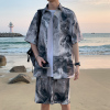 新中式国风冰丝沙滩套装男夏季薄款速干短裤，海南岛短袖港风花衬衫