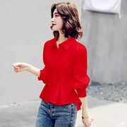 衬衫女前短后长上衣日系少女士，减龄洋气红色小衫褂收腰遮肚雪纺衫
