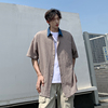 日系拼色格子衬衫男士，夏季宽松纯棉短袖，衬衣潮牌复古休闲薄款外套