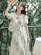 新中式套装2024夏季清新甜美少女国风复古盘扣印花上衣半身裙