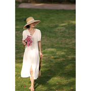HeyDress法式V领白色连衣裙女夏季设计感荷叶袖显瘦气质优雅裙子