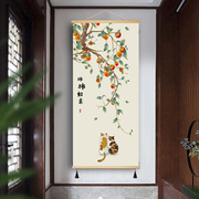 新中式玄关走廊卧室布艺挂画柿柿如意柿客厅，免打孔轻奢背景装饰画