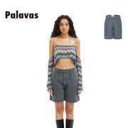 Palavas竖条纹深色牛仔中裤个性女装显瘦五分裤小众设计师品牌
