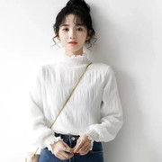 韩版木耳边纯色高领打底衫女薄款雪纺上衣洋气内搭蕾丝T恤潮