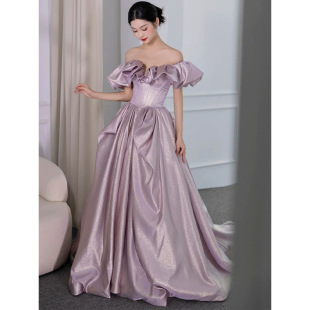 紫色晚礼服女高级感敬酒服小众年会主持成人礼艺考缎面伴娘礼服裙