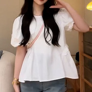 韩系泡泡袖气质白色衬衫女夏季收腰显瘦法式套头短款百搭上衣