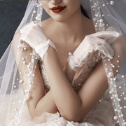 新娘结婚手套短款蕾丝主婚纱高级婚礼薄纱手套礼服复古白色蝴蝶结