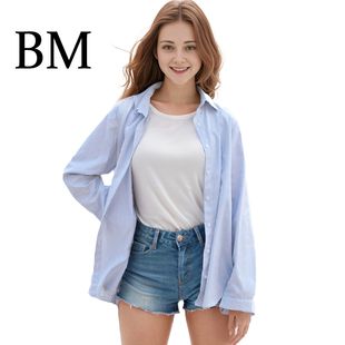 bm条纹衬衫2024春日蓝色纽扣，中长款宽松大版长袖，流行棉衬衣上衣女