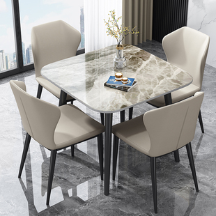 现代简约正方形岩板圆餐桌，家用小户型大理石接待洽谈阳台桌椅组合