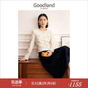 Goodland美地女装2023冬季含羊毛粗花呢蕾丝撞色A字型连衣裙