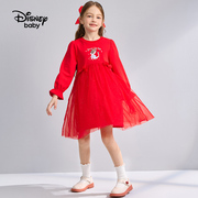 迪士尼2024春装女童，甜美长袖连衣裙大红儿童网纱拼接公主裙新年服