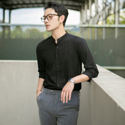 夏季白色立领衬衫男士韩版修身帅气潮流七分袖短袖中袖冰丝衬衣五