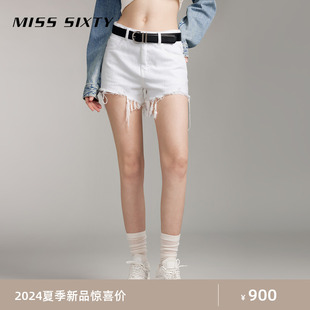 Miss Sixty2024夏季白色牛仔短裤女高腰磨破洞拉须显瘦直筒
