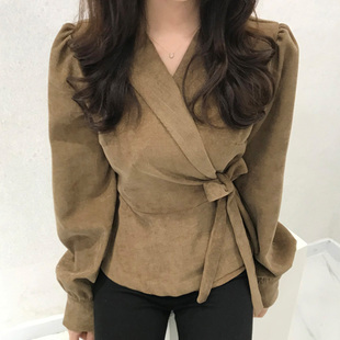 韩国chic秋季法式复古西装领侧边系带收腰显瘦纯色泡泡袖衬衫上衣