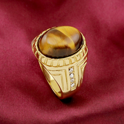 18K金色韩版复古男士戒指钛钢指环虎眼石食指戒子潮人时尚刻字钻
