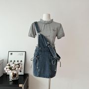 迷迭少女中古纯棉牛仔水洗，蓝蝴蝶结背带裙女春夏迟伞伞24ss