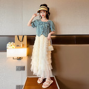 女童夏季套装2024韩版蛋糕，裙中大童，牛仔上衣两件套洋气时尚潮