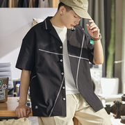 唐狮短袖衬衫夏季男黑色线条印花设计感上衣百搭休闲polo领外套