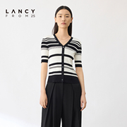 LANCY/朗姿夏季黑白条纹V领短袖针织衫女简约气质上衣修身套头衫