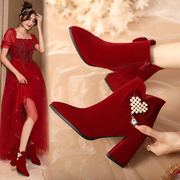 冬季婚鞋女2023粗跟结婚新娘，鞋靴子中式秀禾服红色高跟鞋短靴
