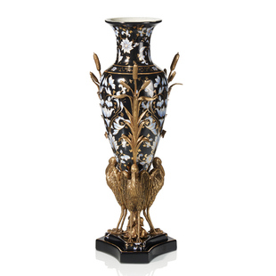 欧式黑色描金陶瓷花瓶装饰品纯铜摆件美式古典客厅餐厅插花花器