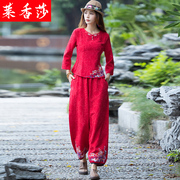 民族风大码女装棉麻刺绣，唐装上衣两件套中国风，复古亚麻长袖t恤女