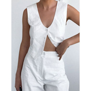 白色马甲背心西装风，棉麻套装2023夏季通勤高级感气质欧美女装