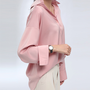 粉色衬衫女士春秋醋酸缎面垂感小个子高级设计感小众宽松衬衣外套