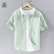 亚麻自然舒适！透气感！夏季日系休闲薄款纯亚麻短袖衬衫男白色