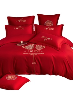 大红色婚庆床品多件套防滑床笠款简约时尚刺绣结婚床单四六八件套