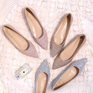 婚鞋亮片平底鞋女尖头单鞋平跟浅口金粉色新娘伴娘鞋宴会鞋