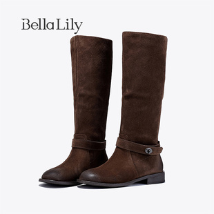 BellaLily春季复古牛皮高筒靴女舒适气质骑士靴时尚长靴