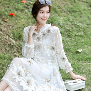桑蚕丝白色仙女裙高级感绣花小个子显瘦洋气质收腰时尚真丝连衣裙