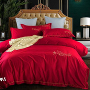 床上四件套婚庆4结婚冬天1.8m刺绣大红色床单，床笠双人被套结婚用