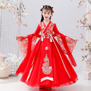 儿童汉服女长袖春秋红色唐装喜庆童装女童古装中国风绣花裙子