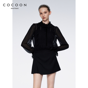 COCOON商场同款时尚上衣24夏新女压褶工艺蝴蝶结系带木耳边雪纺衫