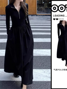 赫本风黑色长袖连衣裙子女秋冬季2023法式高级感显瘦打底长裙