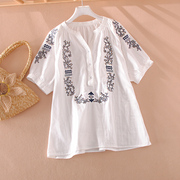 全棉衬衫女白色刺绣花柔软舒适夏季短袖上衣，民族风文艺小清新衬衣