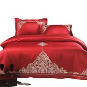 欧式贡缎大红色婚庆四件套全棉，刺绣新婚庆(新婚庆)床上用品结婚六件套床品