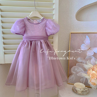 法式女童连衣裙夏款2024儿童洋气蓬蓬纱，礼服小女孩紫色公主裙