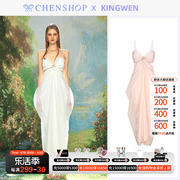 kingwen时尚吊带雪纺网纱镂空连衣裙，修身显瘦chenshop设计师品牌