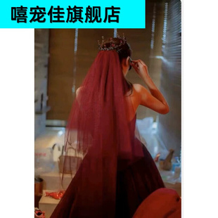 韩式新娘长款酒红头纱森系简约双层发梳头饰婚纱摄影软纱盖头配饰
