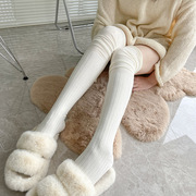 韩系大牌简约奶油白色竖条纹，纯色拼接堆堆长筒袜过膝棉质筒袜子女