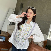 韩国东大门2024高级感新中式民族风刺绣衬衫休闲宽松白色衬衣