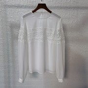 高档雪纺拼接蕾丝圆领套头长袖衬衫，上衣百搭甜美仙气减龄白衬衣(白衬衣)t