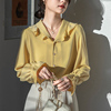 2024春秋新高级(新高级)感荷叶边黄色长袖雪纺衬衫，女士设计感小众气质上衣