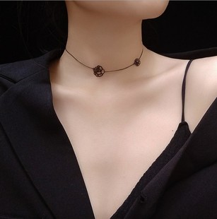 韩国时尚气质暗黑色玫瑰花朵钛钢短款项链锁骨链项圈choker女